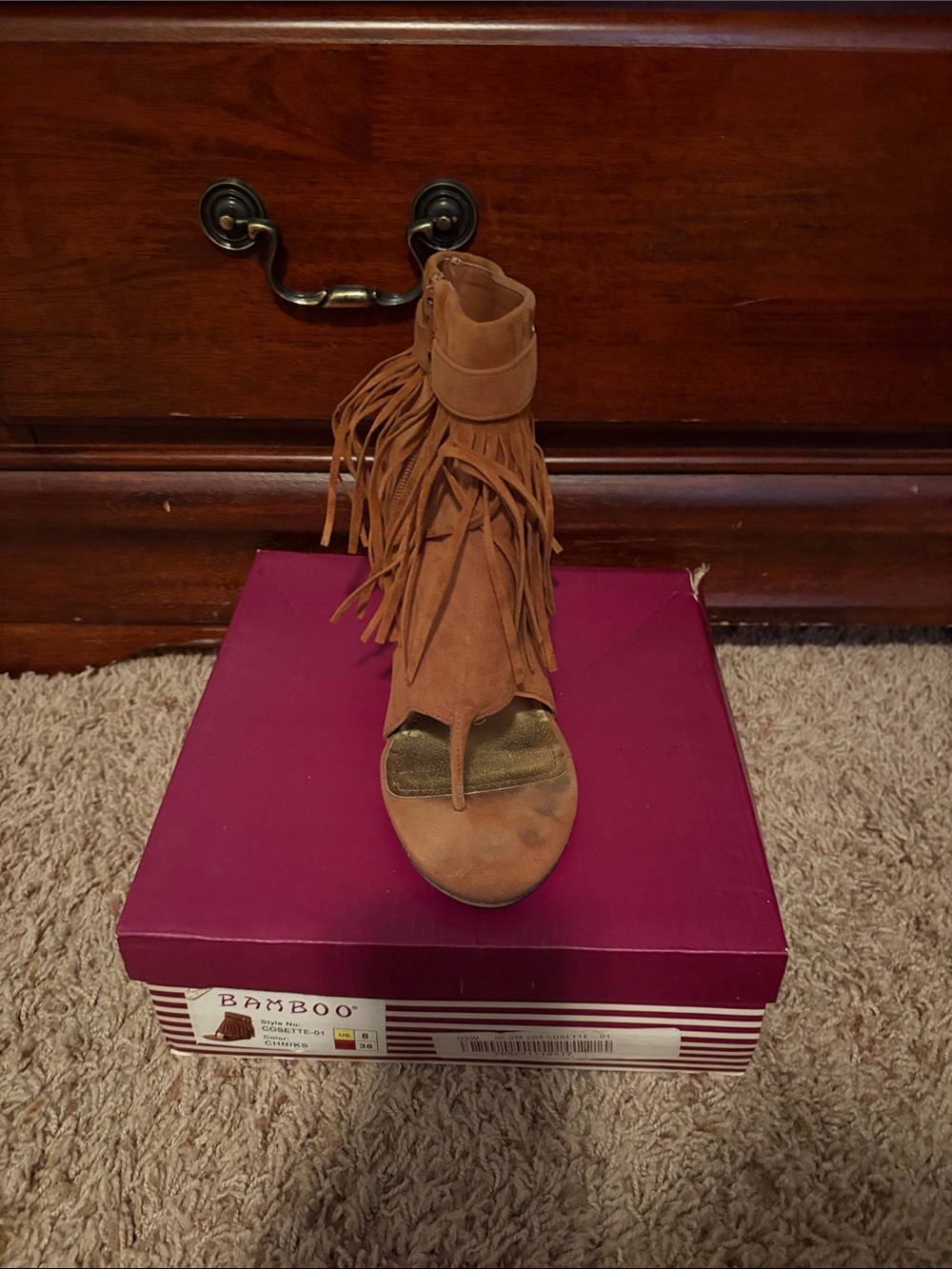 BAMBOO Girls Brown Fringe Open-Toe Sandal Boot